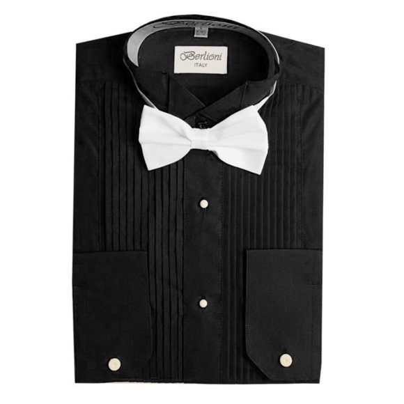 Mens Black Wingtip Tuxedo Shirt With Bowtie - Picture 1 of 3